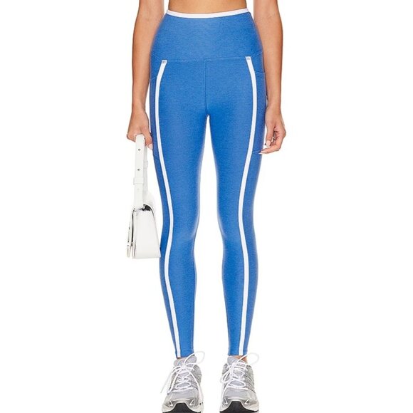 Beyond Yoga High Waisted New Moves Midi Leggings Sky Blue Heather Spacedye White